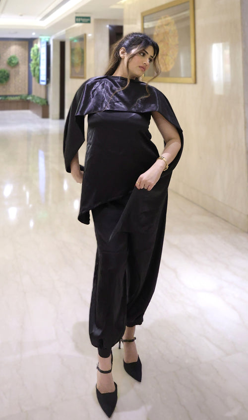 Rooshy satin nylon solid black indo western asymmetric ytop with scarf