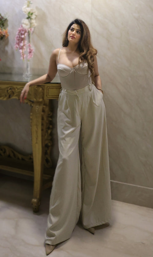 Rooshy light cream high waist cotton line pants