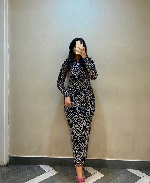 Animal Print High Neck Net Dress