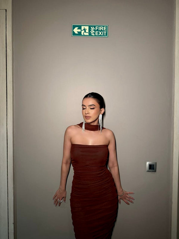 Rooshy brown solid bodycon dress with scarf attached