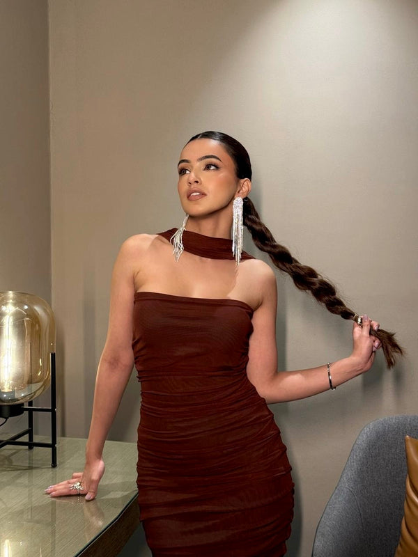 Rooshy brown ruched maxi dress with scarf