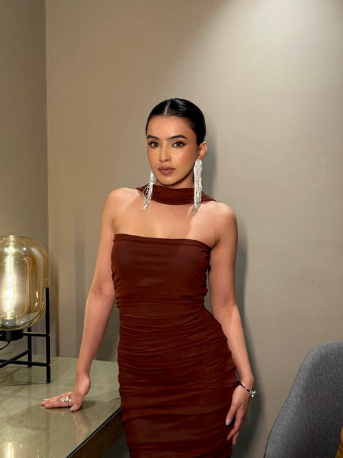 Rooshy mesh solid brown long ruched bodycon scarf dress