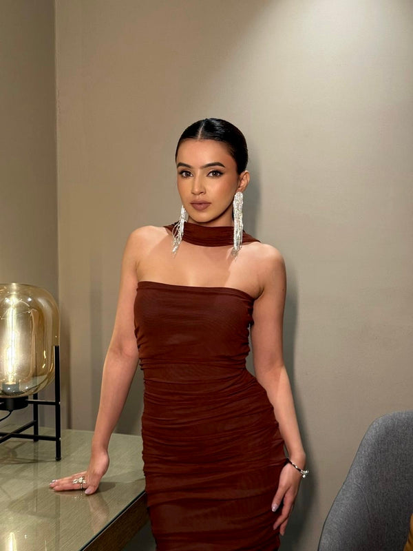 Rooshy mesh solid brown long ruched bodycon scarf dress
