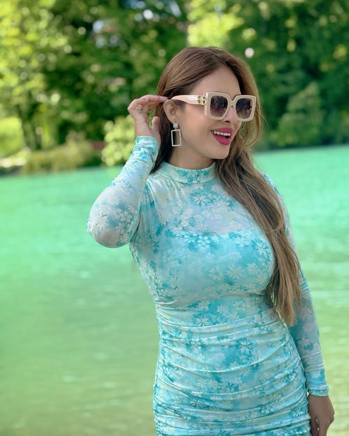 rooshy neha malik in emerald ruched dress