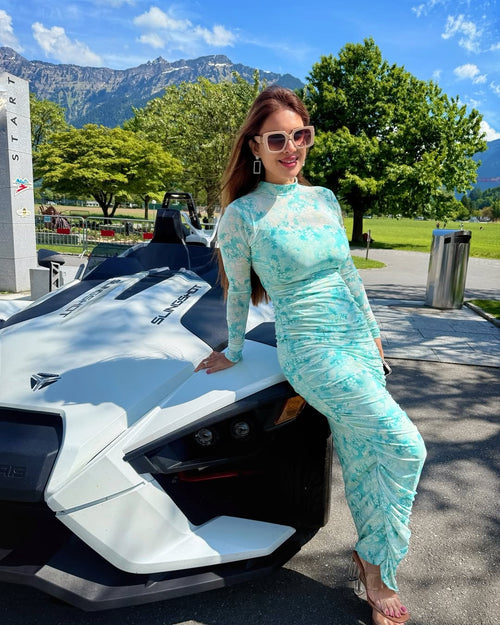 rooshy emerald ruched dress by neha malik