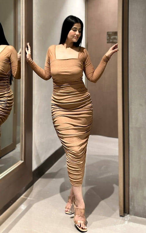 rooshy beige fullsleeves ruched dress