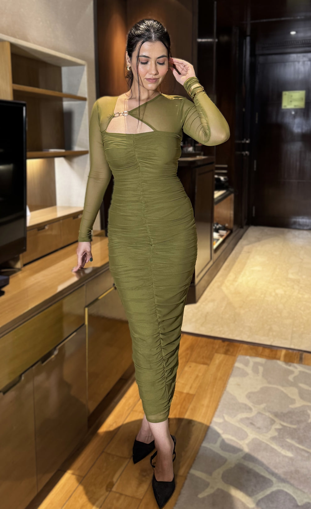 rooshy olive mesh full sleeves dress