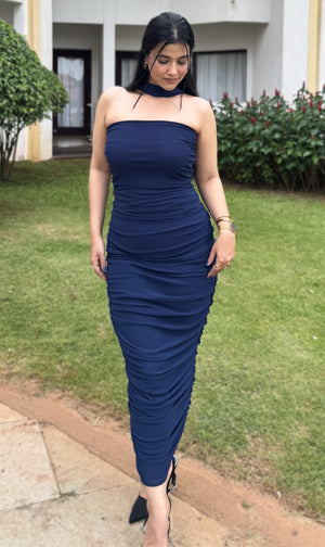 rooshy blue scarf ruched dress