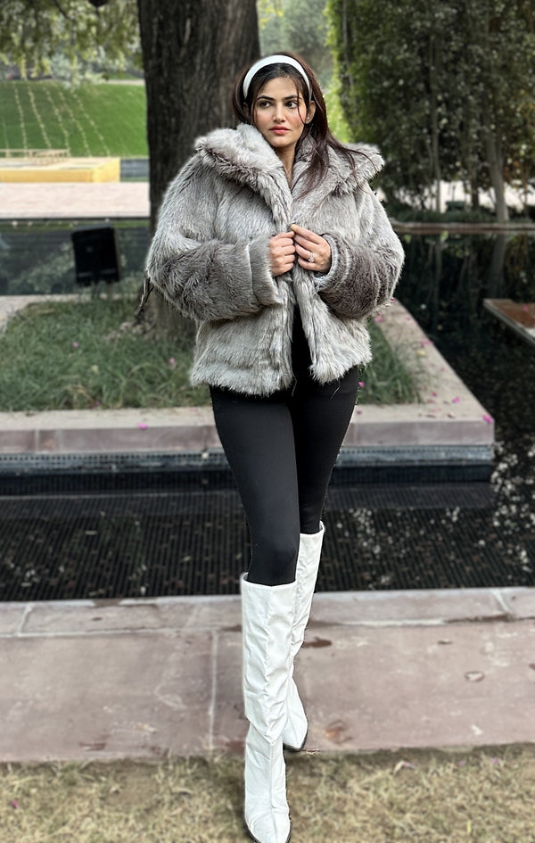 rooshy smokey grey fur jacket