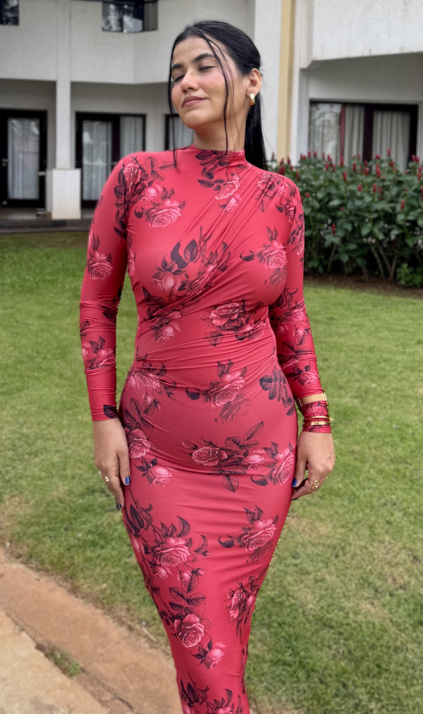 rooshy red print nylon bodycon dress