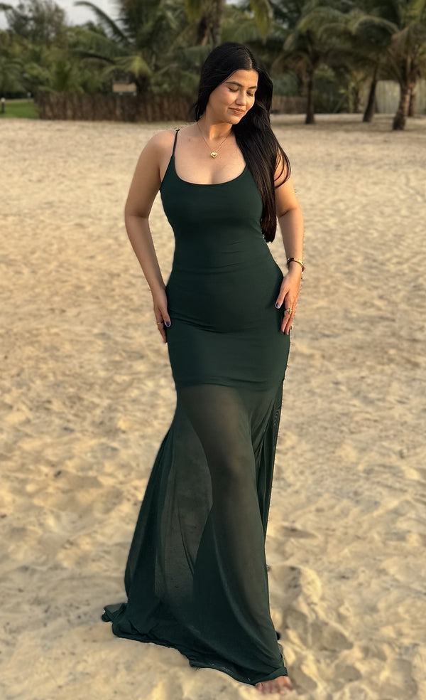 rooshy green sheer noodle strap dress