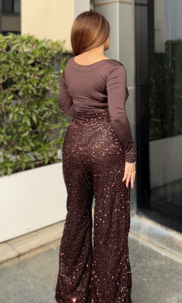 rooshy brown shimmer flare pants