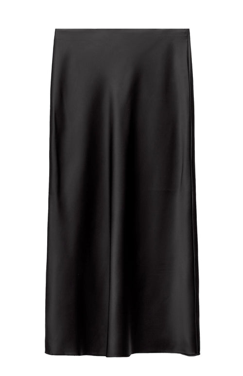 Rooshy black satin silk flared full length skirt