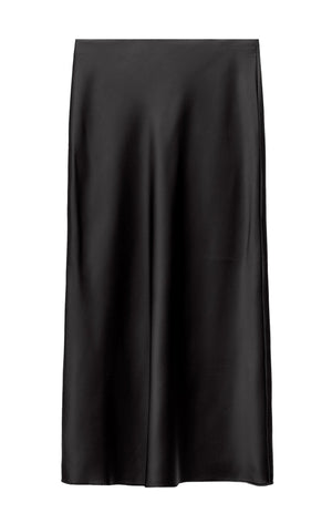 Rooshy black satin silk flared full length skirt