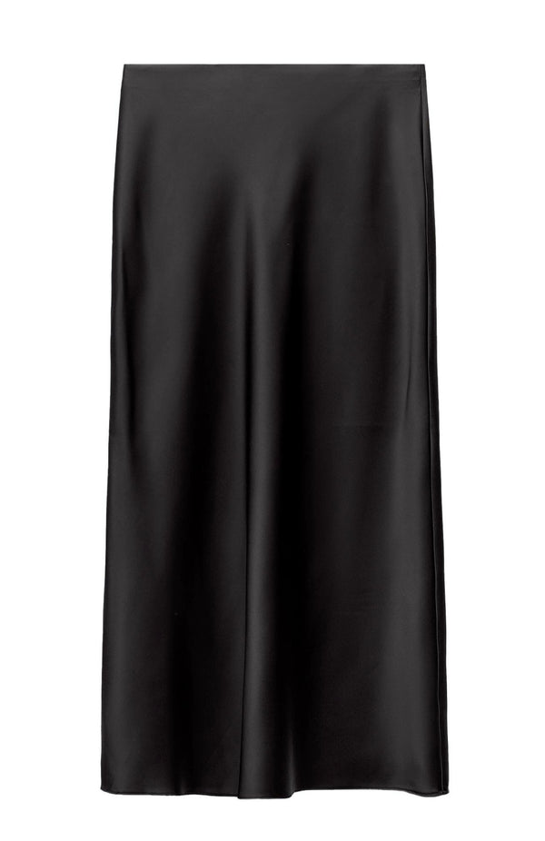 Rooshy black satin silk flared full length skirt