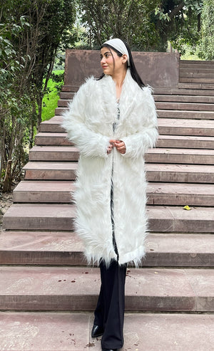 rooshy frosted ice white long fur jacket