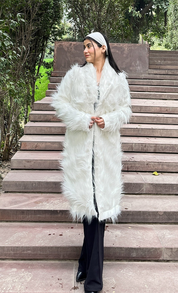 rooshy frosted ice white long fur jacket