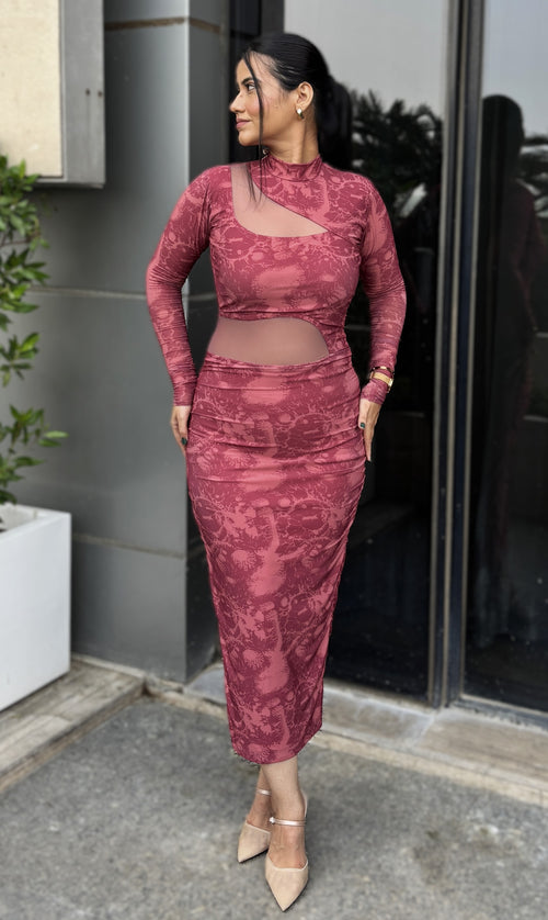 rooshy coral cut bodycon dress