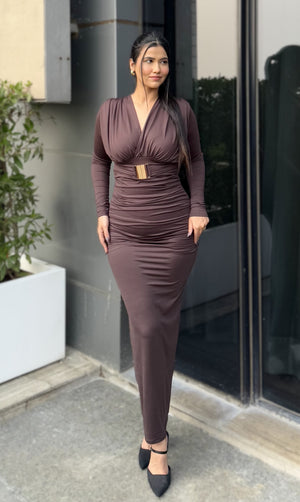 Rooshy mocha dark brown dress with brooch