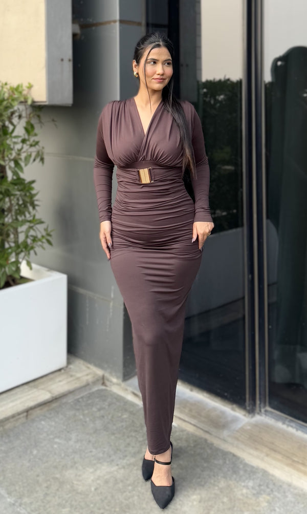 Rooshy mocha dark brown dress with brooch
