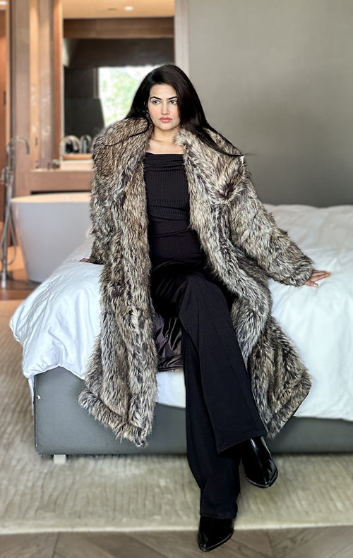 rooshy long brown fur jacket