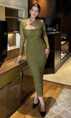 rooshy olive mesh full sleeves dress