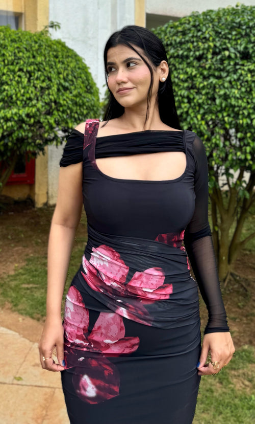 Rooshy black and pink floral bodycon midi dress