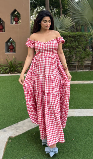rooshy red ghinghnam frock