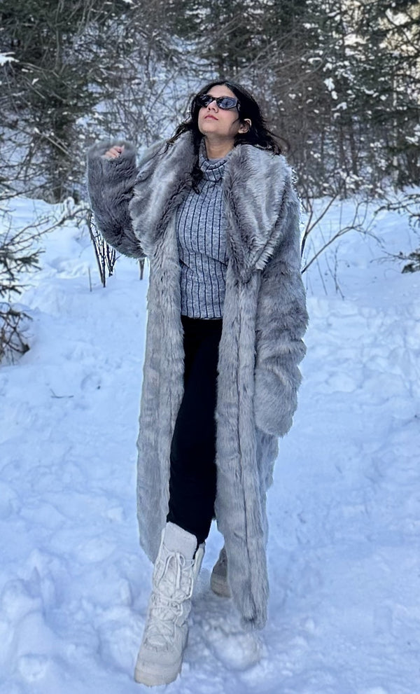 Rooshy grey patterned faux fur long coat