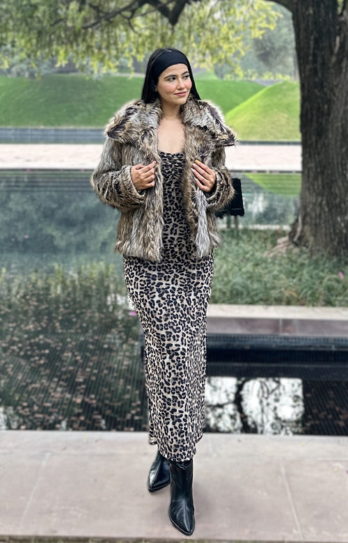 rooshy brown long fur jacket