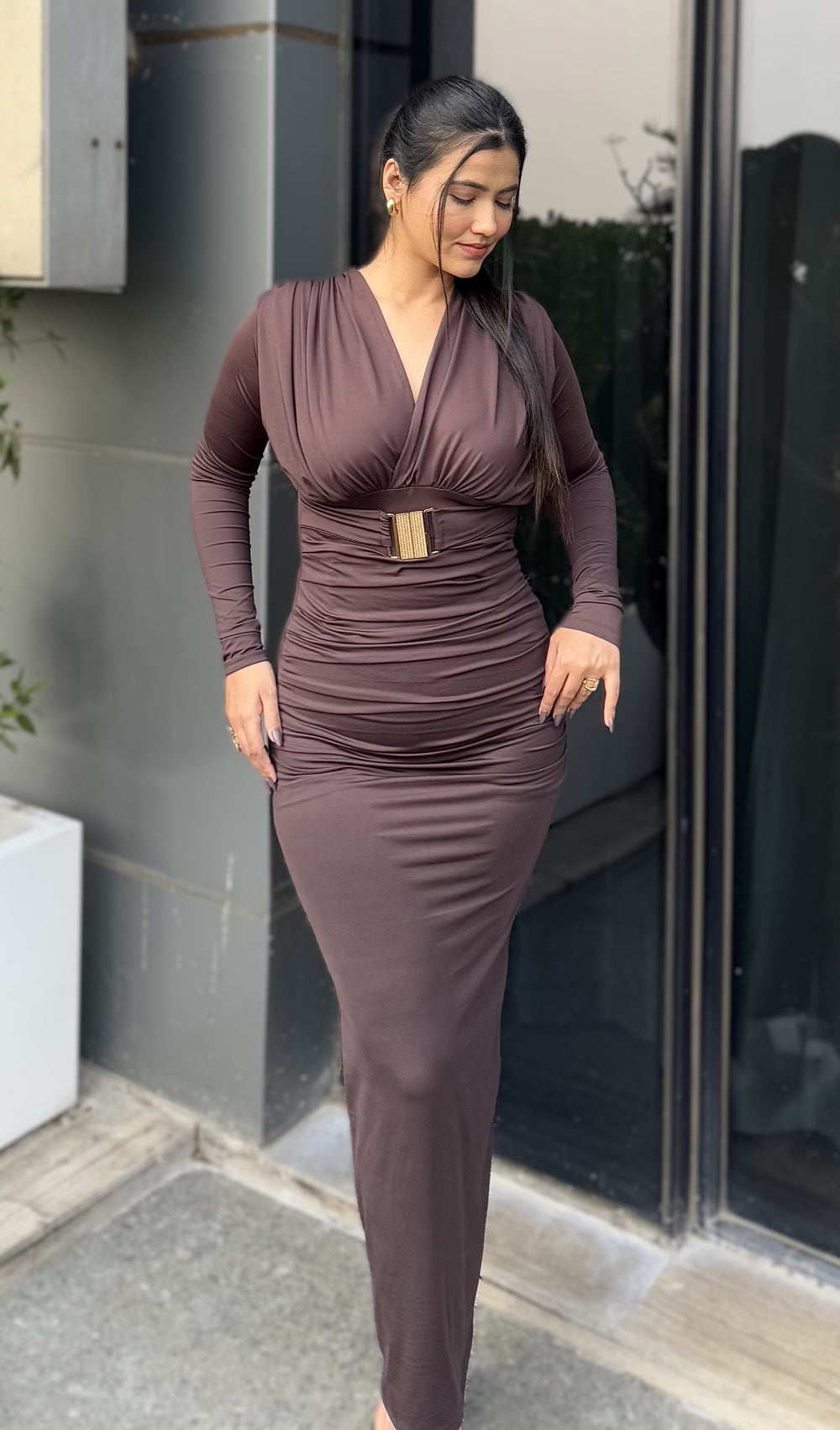 Rooshy V neck nylon brown solid maxi dress