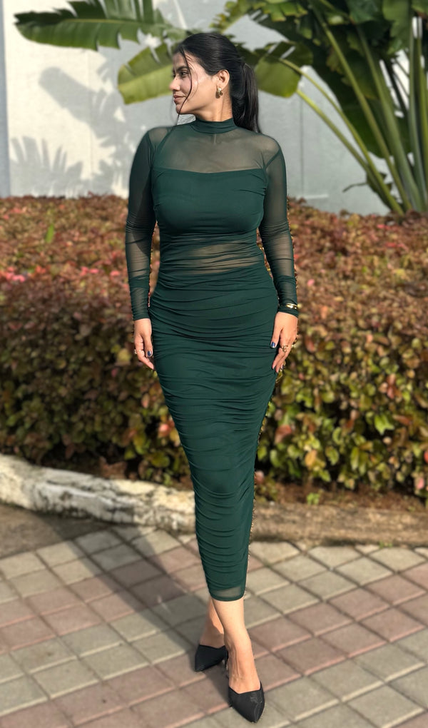 Rooshy dark emerald green mesh bodycon dress