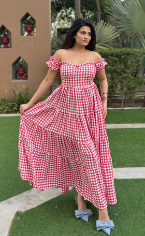 rooshy red ghinghnam frock