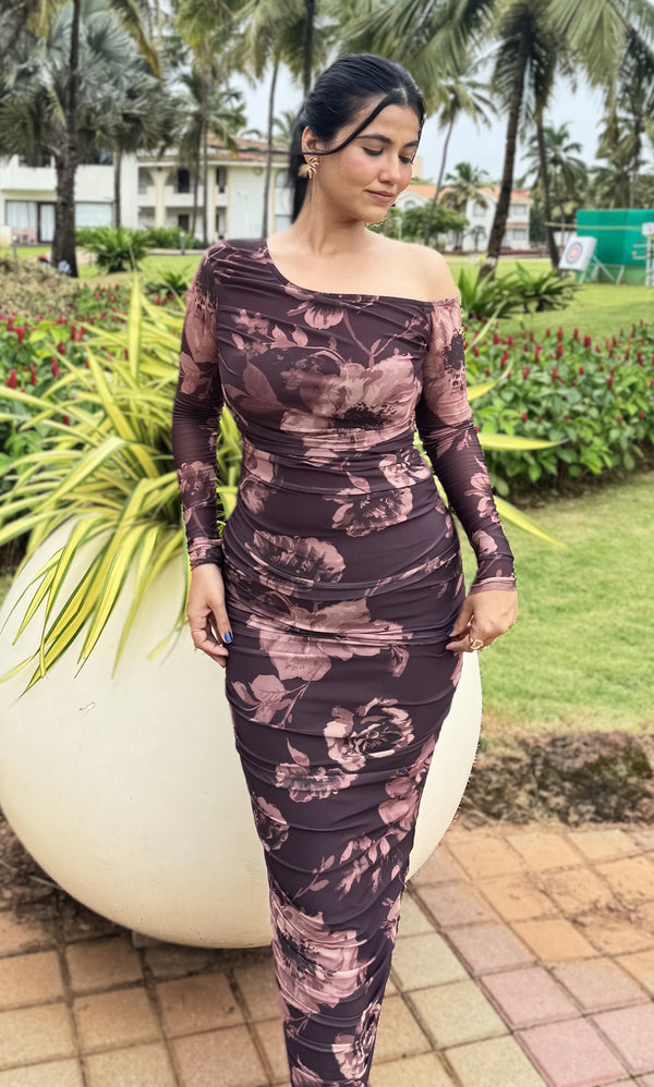 rooshy brown floral bodycon dress