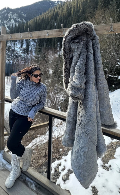 Rooshy grey print faux fur long jacket