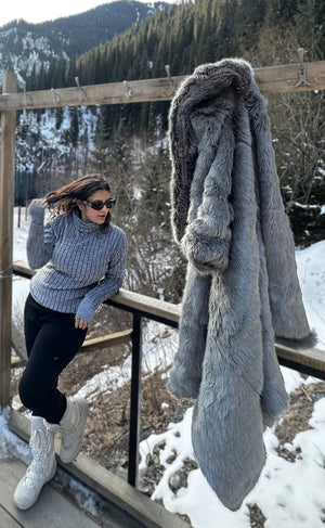 Rooshy grey print faux fur long jacket
