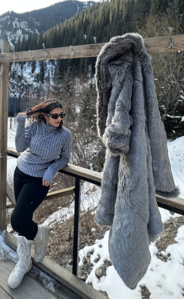 Rooshy grey print faux fur long jacket