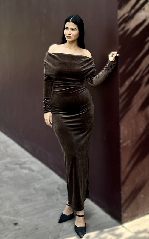 rooshy brown velvet off sholder dress