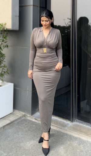 Rooshy grey solid nylon dress with belt