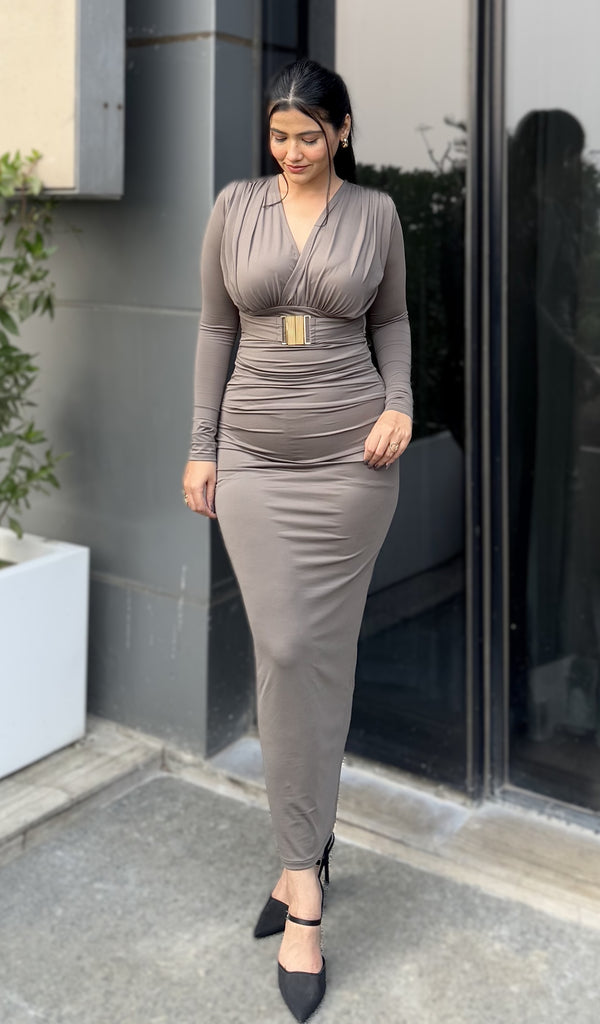 Rooshy grey solid nylon dress with belt