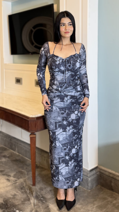 rooshy grey print bodyfit dress
