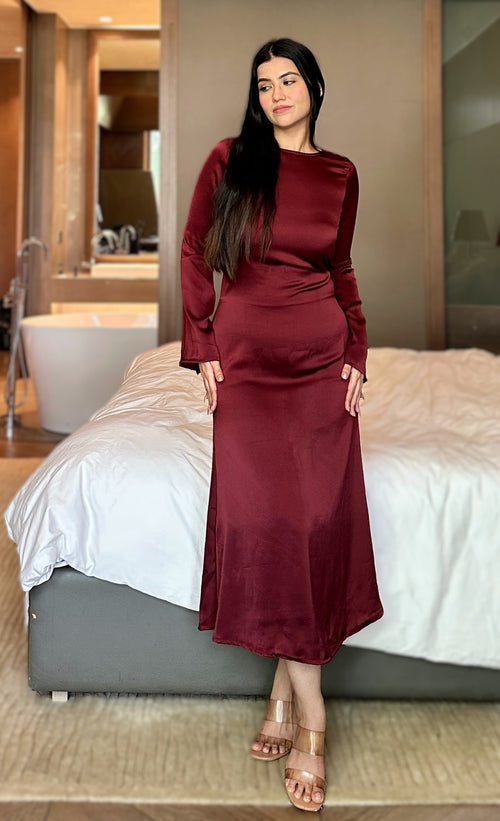 rooshy maroon fullsleeves satin dress