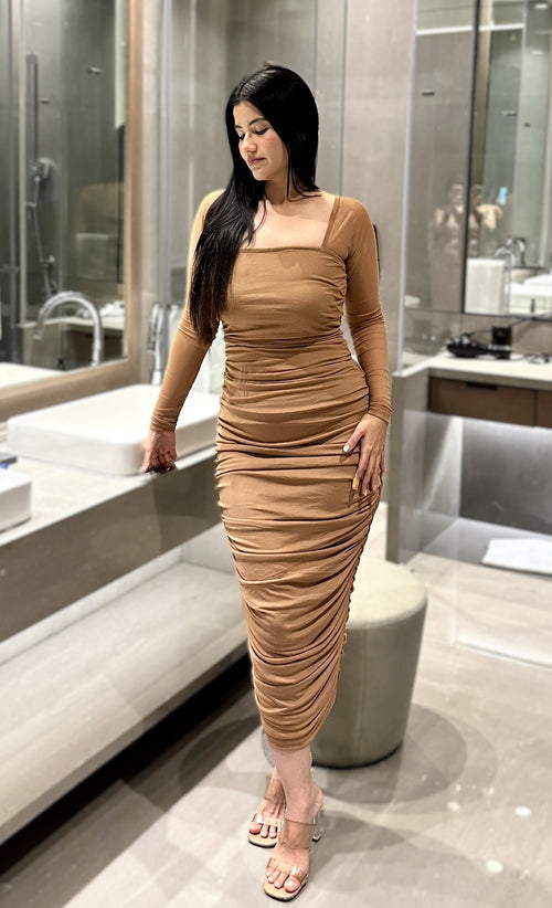 rooshy beige ruched dress