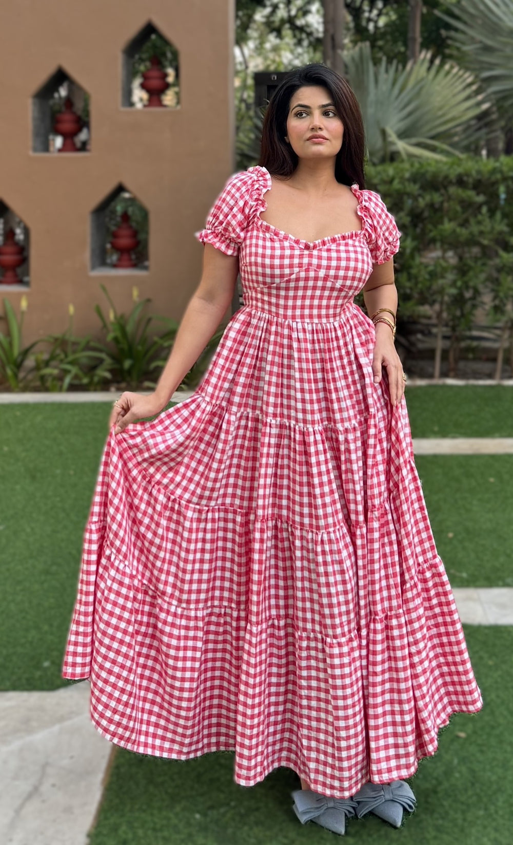 rooshy red ghinghnam frock