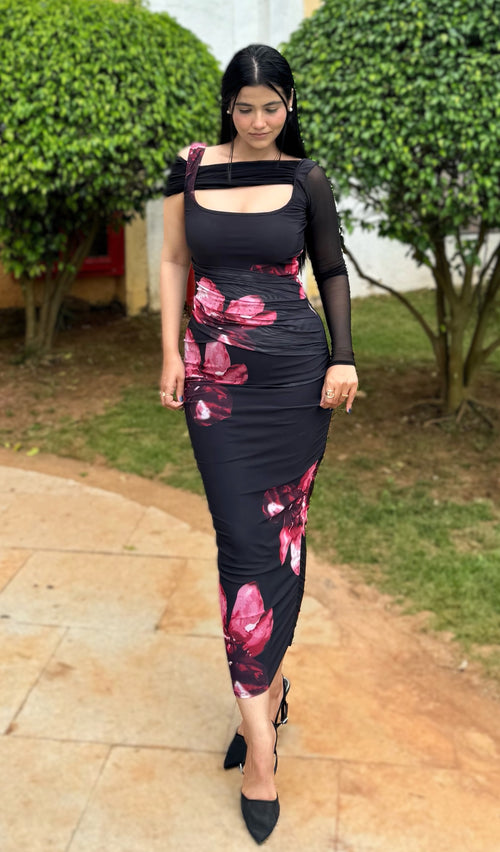 Rooshy floral print cut sleeve bodycon dress