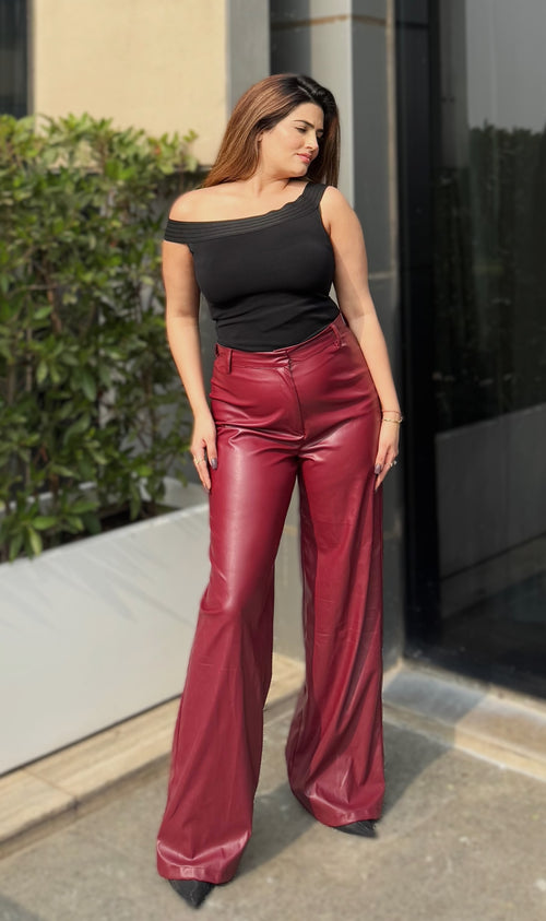Rooshy cherry wine flared leather pants