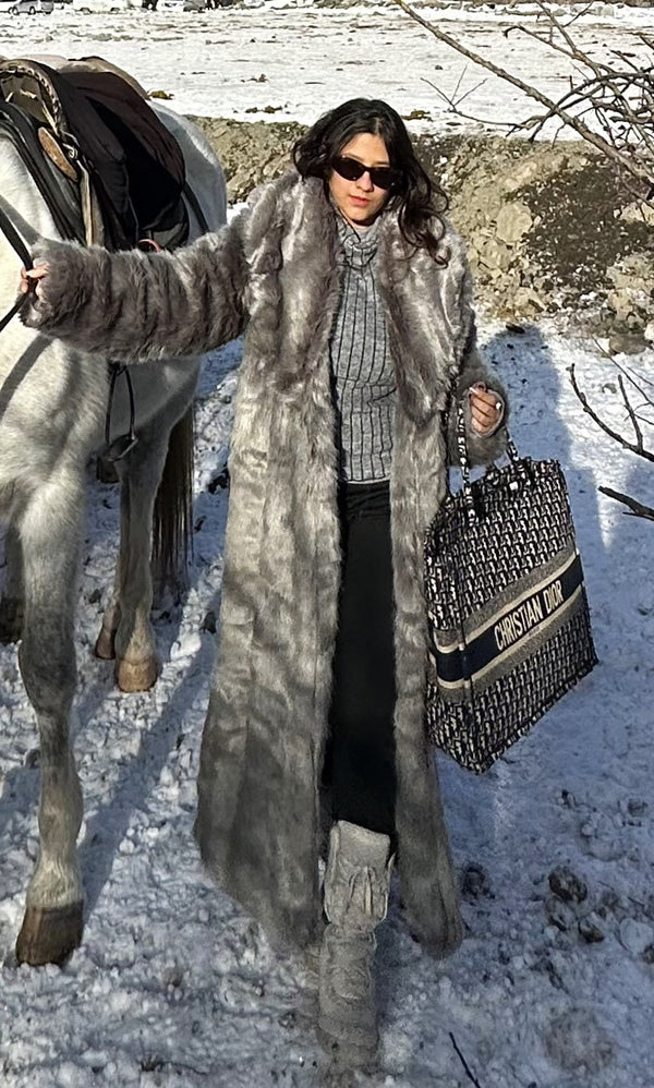 Rooshy grey over sized faux fur long jacket