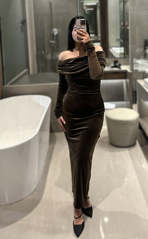 rooshy brown velvet bodycon dress