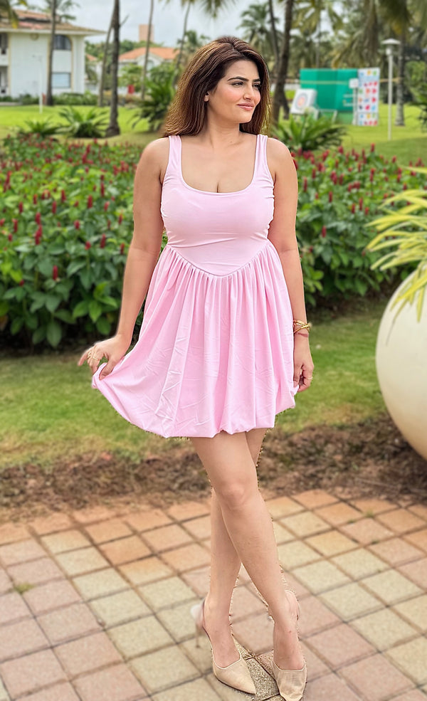 rooshy sleeveless pink bodycon flare frock