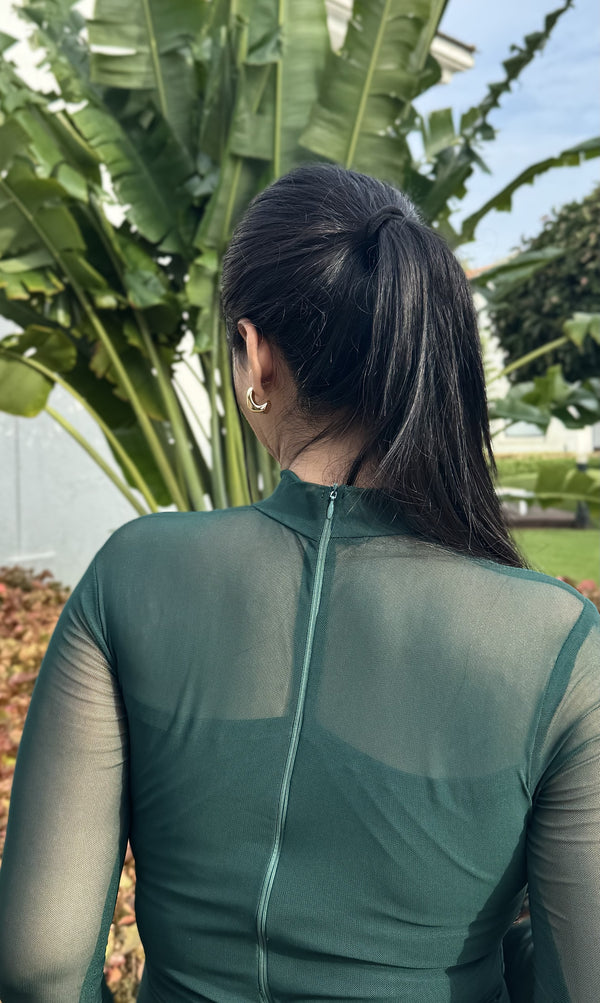 Rooshy solid dark green mesh high neck midi dress